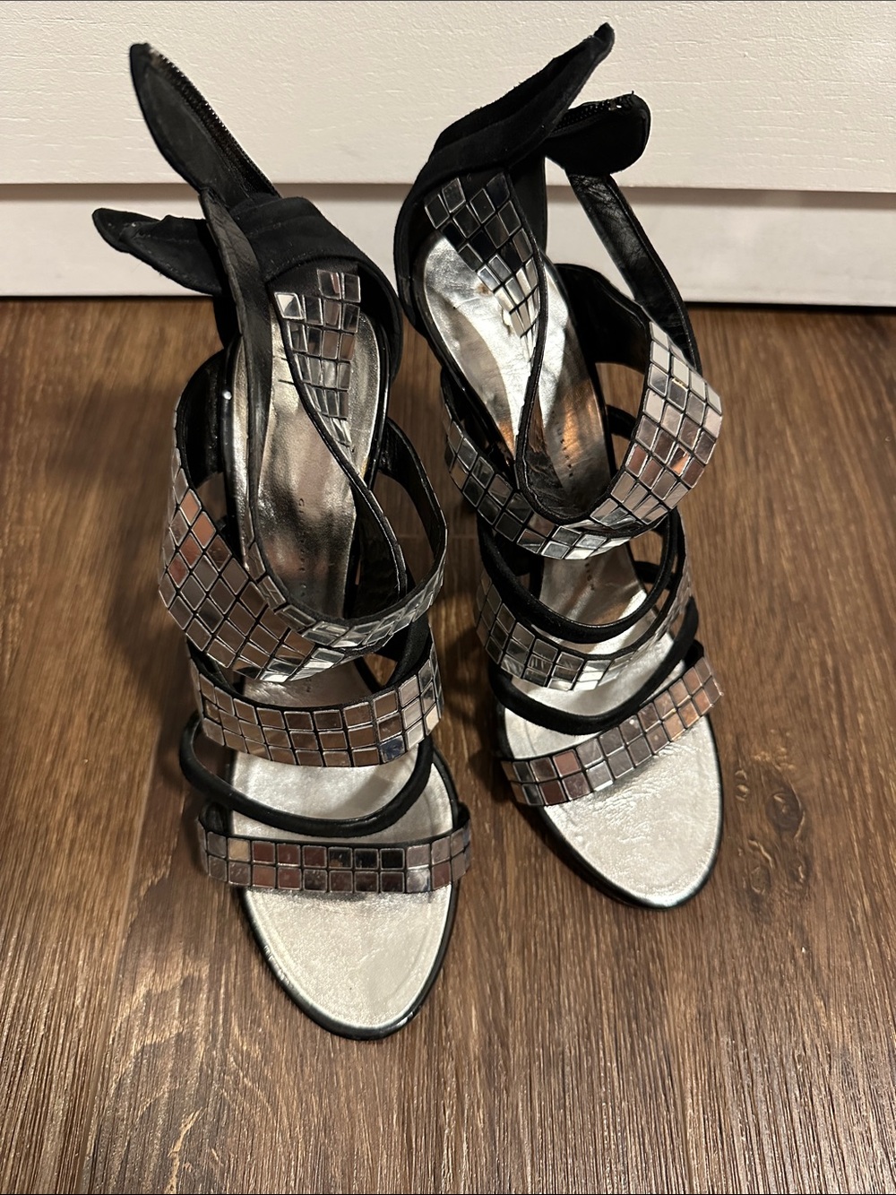 Giuseppe Zanotti Black Strappy Silver Mirror-Tile Heels